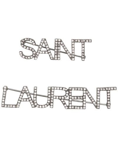 Saint Laurent シルバー クリスタル ロゴ ブローチ セット - メタリック