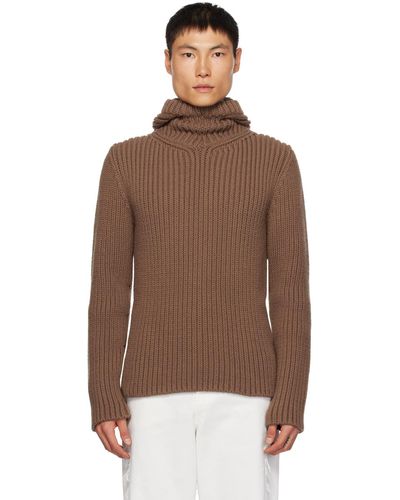 Lanvin Pull à capuche brun en tricot côtelé - Marron