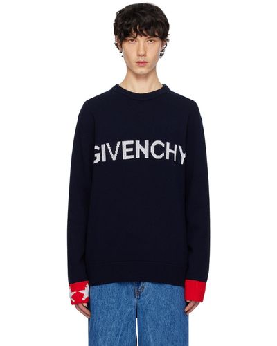 Givenchy Pull bleu marine à logo en tricot jacquard