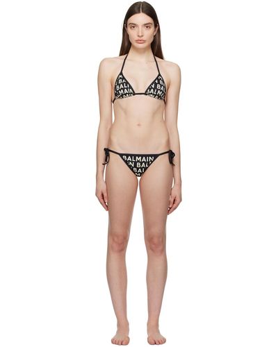 Balmain Bikini noir et blanc cassé à motif à logo imprimé