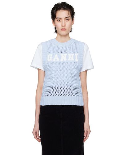 Ganni Gilet bleu en tricot à mailles retournées - Blanc