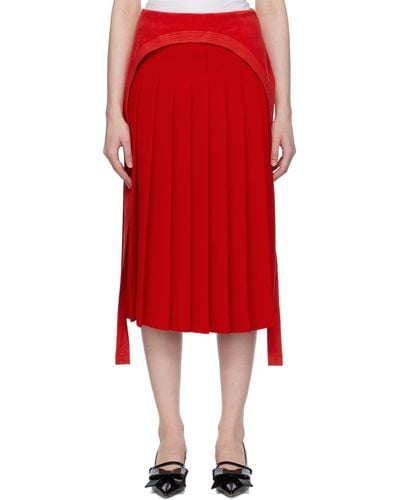 Pushbutton Pleated Midi Skirt - Red