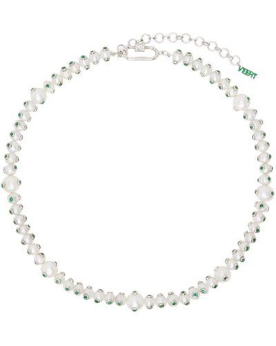 Veert Collier blanc à perles d'eau douce et zircones cubiques vertes - Métallisé