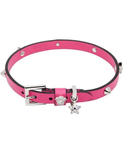 Versace Pink Studded Leather Choker - Red