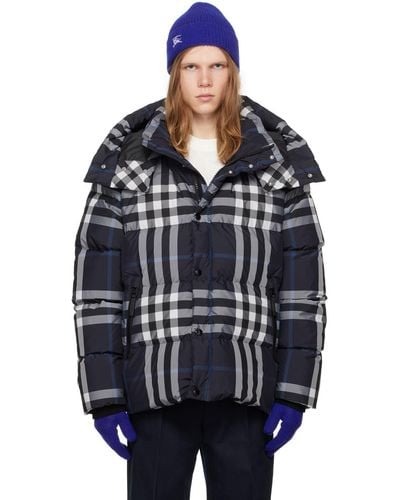 Burberry Navy Check Down Jacket - Blue