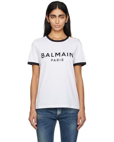 Balmain ホワイト ロゴプリント Tシャツ