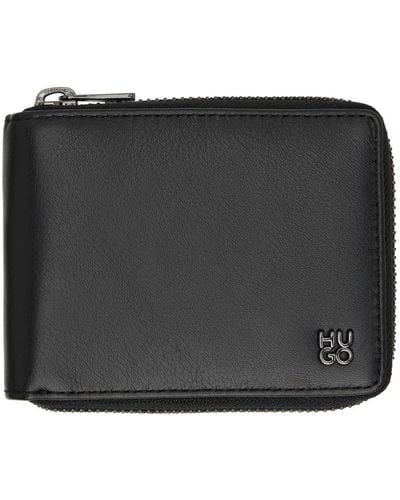 HUGO Black Matte Leather Ziparound Wallet