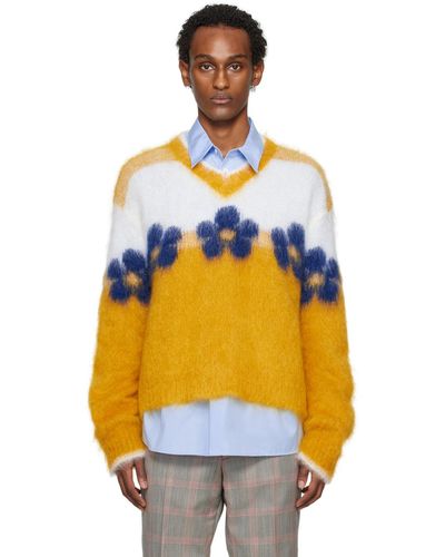 Marni Pull jaune en tricot brossé à motif fleuri - Orange