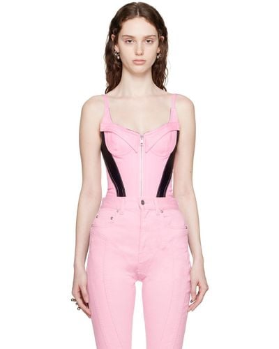 Mugler Pink & Black Panelled Denim Bodysuit