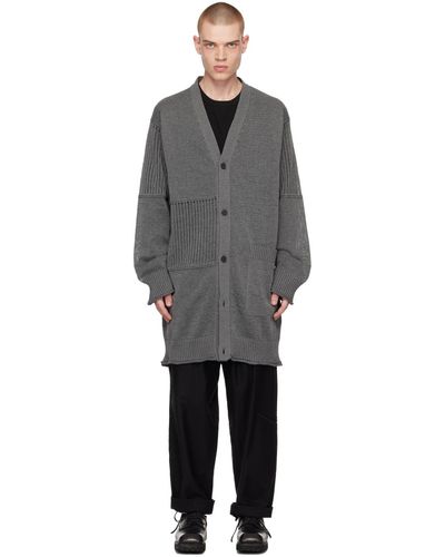 Yohji Yamamoto Cardigan gris à garnitures en tricot côtelé - Noir