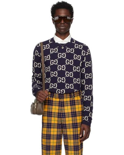 Gucci Monogram-pattern Ribbed-trim Wool Jumper - Blue