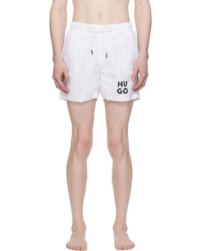 HUGO White Printed Swim Shorts