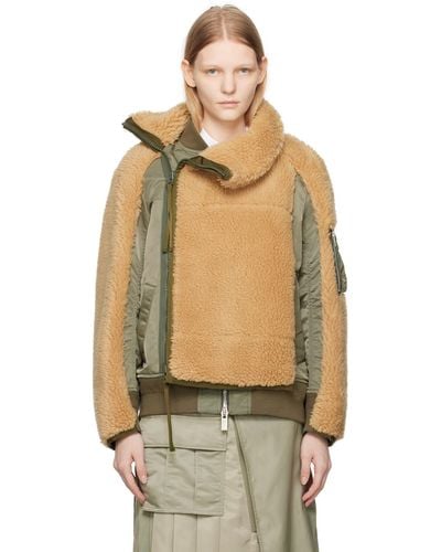 Sacai Khaki & Beige Panelled Faux-shearling Jacket - Multicolour