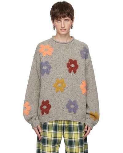 Acne Studios Pull gris à motif fleuri en tricot jacquard