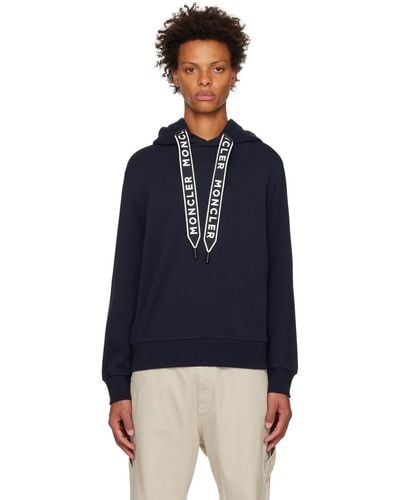 Moncler Navy Embroidered Drawstring Hoodie - Blue