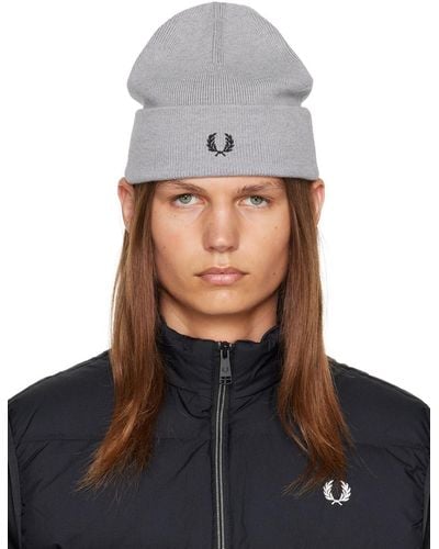 Fred Perry Gray Embroidered Beanie - Blue
