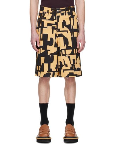 Dries Van Noten Short noir et brun clair en denim à motif imprimé