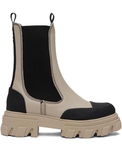 Ganni Taupe Cleated Mid Chelsea Boots - Black
