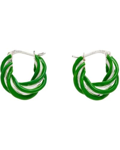 Bottega Veneta Silver & Green Pillar Twisted Hoop Earrings