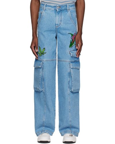 Gcds Blue Embroidered Denim Cargo Trousers