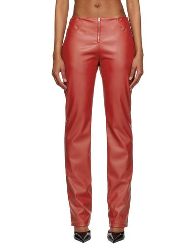 Mowalola Pantalon rouge en cuir synthétique à glissière visible