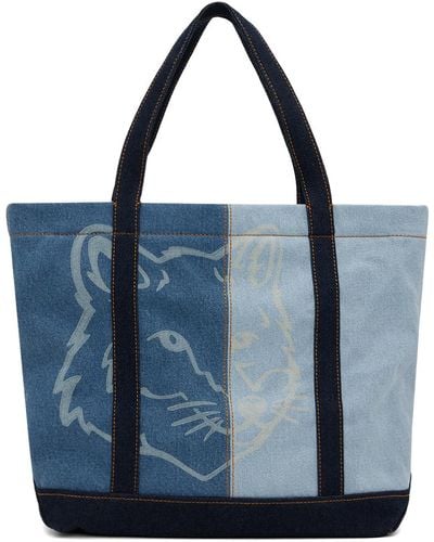 Maison Kitsuné Fox Head Medium Denim Tote - Blue