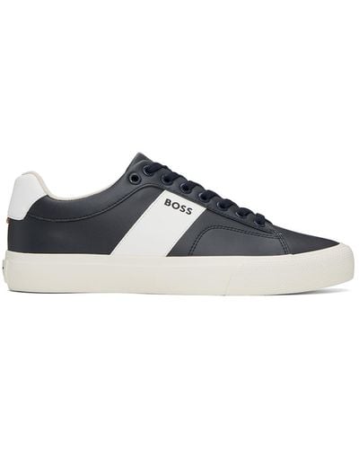 BOSS Navy & Off-white Cupsole Contrast Band Trainers - Black