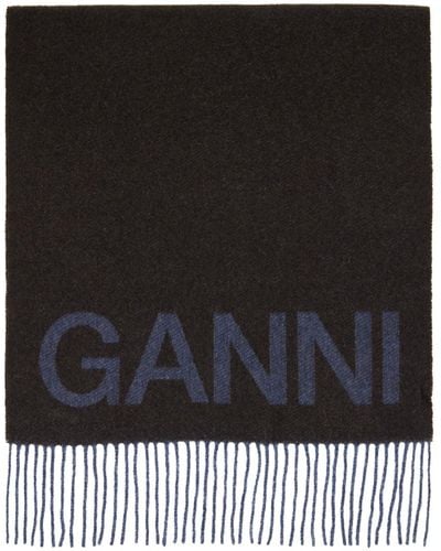 Ganni Écharpe brun et bleu à franges - Noir