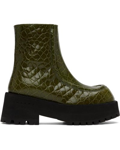 Marni Green Croc-embossed Platform Ankle Boots