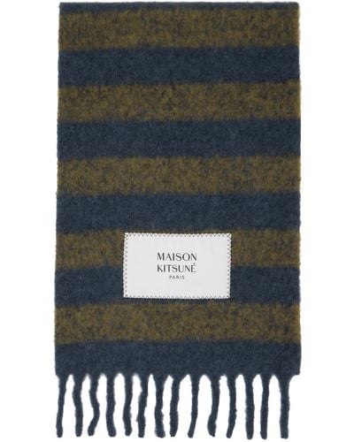 Maison Kitsuné Khaki & Navy Striped Scarf - Gray