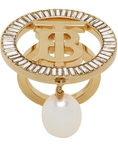 Burberry Bague dorée à logo et ornements en verre taillé - Métallisé