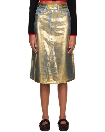 Ganni Blue & Gold Foil-coated Denim Midi Skirt - Black
