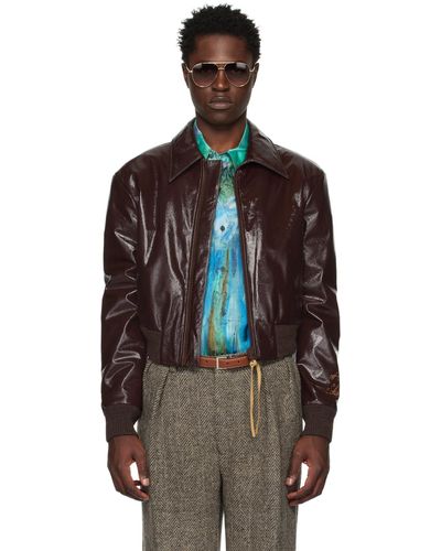 Acne Studios Brown Embroidered Leather Bomber Jacket - Black