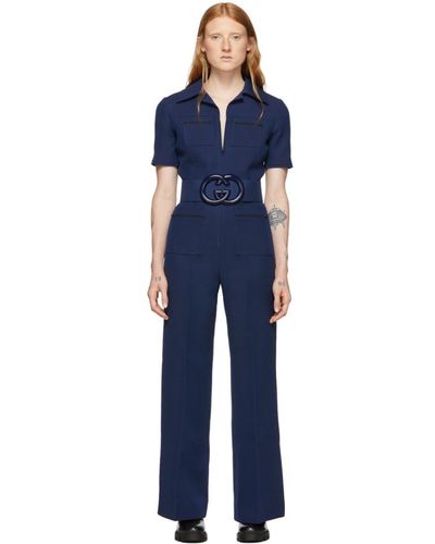 Gucci Navy Belted Short Sleeve Jumpsuit - Blue