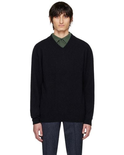 Sunspel Navy V‐neck Sweater - Black