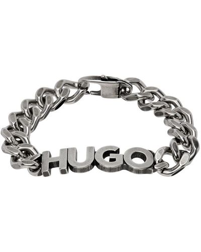 HUGO Silver Logo Plaque Bracelet - Black