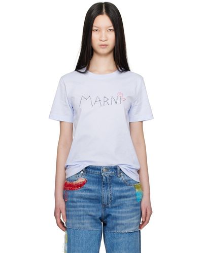 Marni T-shirt bleu à logo modifié brodé - Blanc