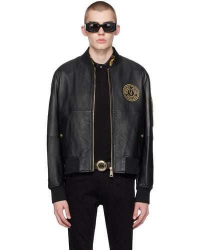 Versace Black V-emblem Leather Bomber Jacket