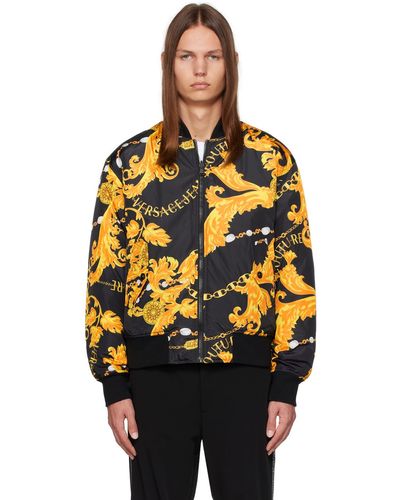 Versace Black & Yellow Chain Couture Reversible Bomber Jacket - Orange