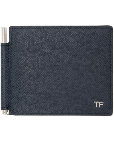 Tom Ford Petit portefeuille bleu marine en cuir grainé à pince à billets