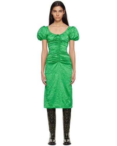 Ganni Green Crinkled Midi Dress