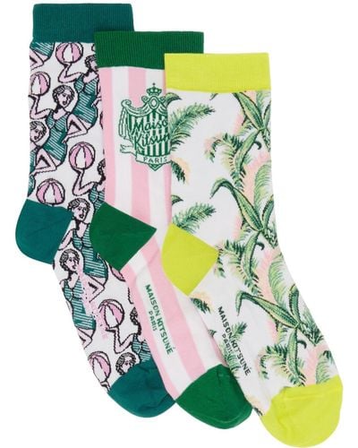 Maison Kitsuné Three-pack Multicolor Summer Print Ankle Socks - Green