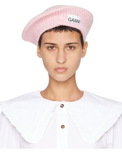 Ganni Pink Wool Rib Knit Beret - White