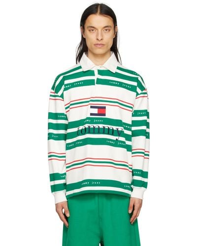 Tommy Hilfiger Green & White Striped Rugby Long Sleeve Polo