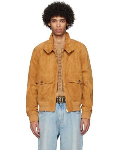 Bally Brown Spread Collar Leather Jacket - Orange