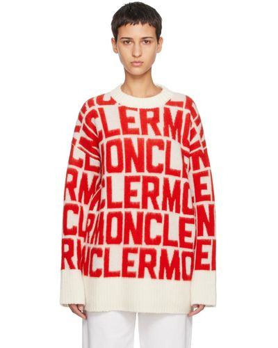 Moncler Pull rouge et blanc à motif à logo en tricot jacquard