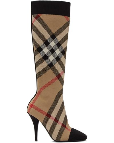 Burberry Beige Check Stretch Knit Sock Boots - Natural