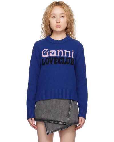 Ganni Pull bleu à logo et texte en tricot jacquard