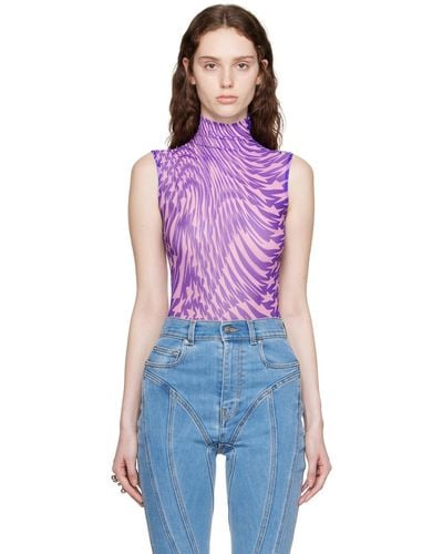 Mugler Printed High-neck Mesh Bodysuit - Purple
