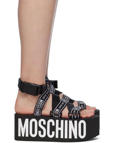 Moschino ロゴテープ ウェッジ プラットフォーム フラットサンダル - ブラック